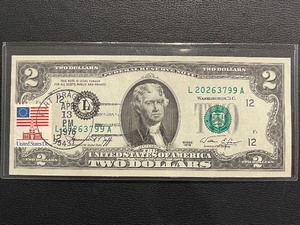 lot 88 image: 1976 $2 Dollar Bill Fort Bragg Post Mark Uncirculated