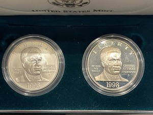 lot 96 image: 1998-S Crispus Attucks Silver Dollar Uncirculated and Proof - 37,210 and 75,070 Minted