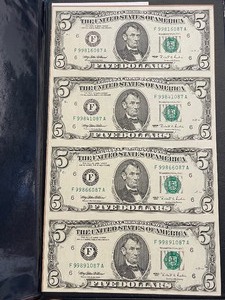 lot 52 image: Uncut Sheet of $5 Dollar Bills