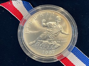 lot 43 image: 1997-S Jackie Robinson Silver Dollar - Only 30,180 minted