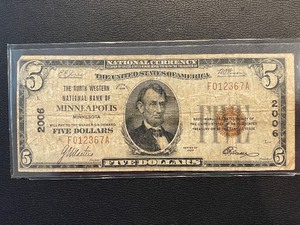 lot 49 image: 1929 Brown Seal $5 Dollar Bank of Minneapolis National Currency