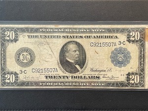 lot 26 image: 1914 $20 Blue Seal Federal Reserve Note