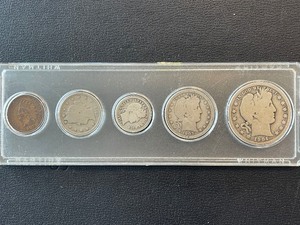 lot 14 image: Barber Half Dollar, Quarter, Dime, Liberty Nickel, Indian Cent