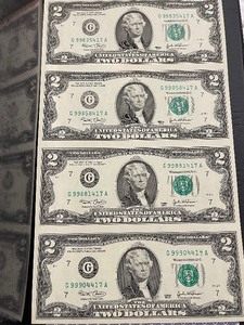 lot 178 image: Uncut Sheet of $2 Dollar Bills High Serial Numbers 999