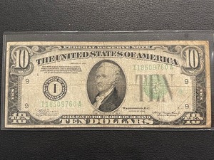 lot 180 image: 1934 $10 Dollar Green Seal Federal Reserve Note