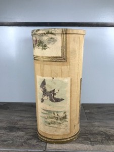lot 232 image: Vintage Garbage Can with Fly Fishing and Duck Hunting Pictures on the Side