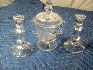 lot 190 image: Covered cut glass candy dish and matching candle sticks