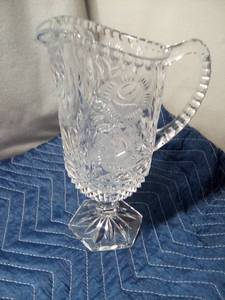 lot 151 image: Short stemmed floral design glass pitcher
