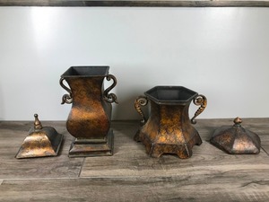 lot 354 image: 2 - Ornate Metal Decorative Distressed Center Piece Containers with Handles