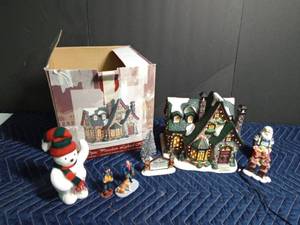 lot 43 image: Lighted fiber-optic porcelain house and accessories