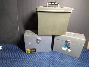 lot 64 image: 1 plastic ammo box and 2 metal file boxes