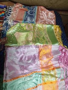 lot 84 image: 5 Oriental sm table cloths, table runner and 1 hand painted scarf