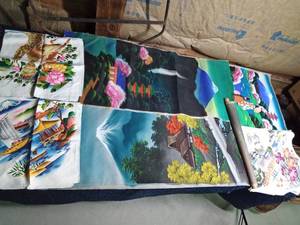 lot 86 image: 3 oriental silk screen prints and 3 printed scarfs