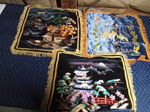 lot 89 image: 3 oriental embroidered velvet and satin pillow covers