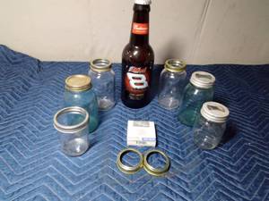 lot 96 image: Dale Earnhardt Jr. Budweiser bottle and 6 canning jars and new box of canning lids