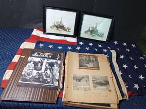 lot 314 image: 2 USA flags, 2 Navy ship pictures and a scrap book of US Airforce