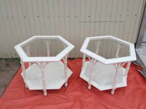 lot 25 image: 2 Solid wood hexigon end tables with glass tops