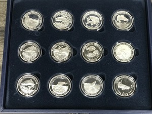 lot 465 image: Lot of 24 one troy ounce .999 silver bullion rounds for the National Fishing Grand Slam by North American Fishing Club. Set in blue presentation case with key