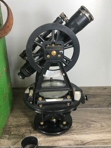 lot 466 image: Vintage W & L. E. Gurley Engineering Instrument Surveyors Transit & Box 49292 - Box is Painted Green and has the Burlington Northern Railroad Symbol on the Outside