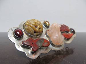 lot 10 image: Signed Sterling Silver Brooch Pendant wCarved Inset Hardstone & Gemstones
