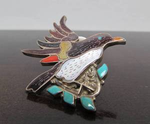 lot 14 image: Very Nice Signed Zuni Inlaid Sterling Silver Eagle Brooch Pendant