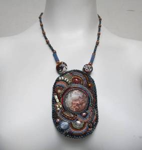lot 17 image: Large Handmade Beaded Leather Pendant Necklace w Jasper & Pearls