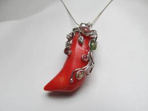 lot 18 image: Sterling & Red Coral Chili Pepper Pendant Necklace wInset Gemstones