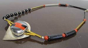 lot 37 image: Signed Retro 80s Sterling Silver Red Coral & Onyx Necklace