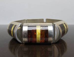 lot 39 image: Large Signed Sterling Silver Bracelet wSeveral Types of Amber