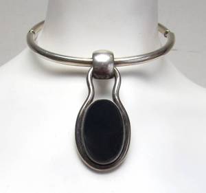 lot 48 image: Large Vintage Sterling Silver Spanish Pendant Necklace wDark Smoky Gray Stone