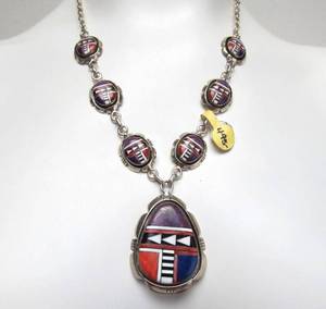 lot 49 image: Fabulous Signed Dawn Lucas Hopi Inlaid Sterling Silver Necklace
