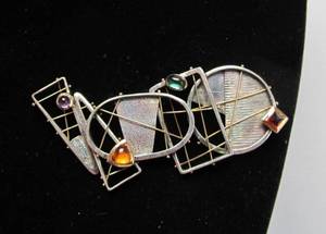 lot 59 image: Outstanding Signed Sculptural Modernist Sterling Silver w14k Gold & Inset Gemstones