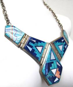 lot 1 image: Amazing LARGE Southwestern Navajo Inlaid Sterling Necklace by Lynol Yellowhorse