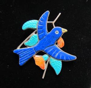 lot 2 image: wonderful Vintage Sterling Silver Southwestern Bluebird Brooch Pendant wSpiny Oyster Turquoise & Lapis