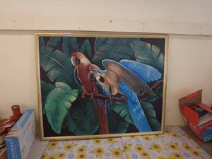 lot 58 image: A Vibrant Piece Large Painting of Parrots Perched on a Branch