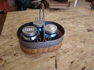 lot 175 image: Set of Painted Mason Jars with Metal and Wicker Basket