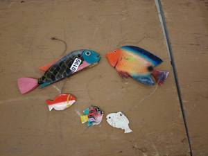 lot 199 image: Lot of Colorful Handcrafted Wooden Fish Decorations