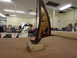 lot 203 image: Vintage Metal Sailboat Sculpture with Marble Base