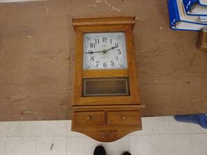 lot 261 image: Vintage Wooden Wall Clock with Storage Drawer