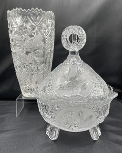 Hofbauer Byrdes Birds Cut Crystal Candy Dish and Matching Vase