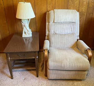 Lazy Boy Petite Recliner, Side Table and Mid Century Table Lamp