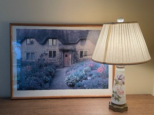 Framed Cottage Print and Floral Vintage Lamp with gold base