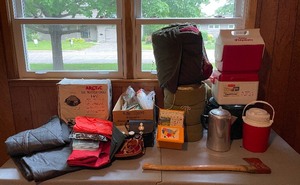 LARGE Camping LOT includes New in Box Kettle Grill, Sleeping Bags, Coolers, Ax and Binoculars and More