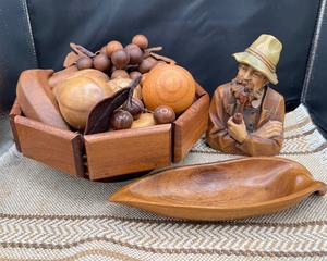 Monkey Pod Wood Fruit Bowl and Fruit, Mid Century Vintage