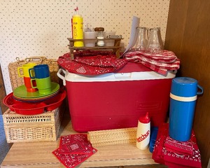Picnic LOT Vintage Picnic Table Condiment Holder, Pepsi Glass, Wickers Baskets etc