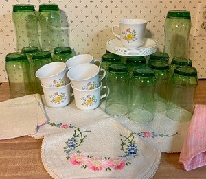 Vintage Floral Corelle Cups and Saucers and Vintage 16 piece green tumblerglasses set