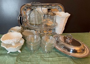 Milk glass, Clear Cake Pedestal Cake Plate, Honey and Jam Jar etc