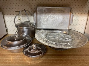 Hammered Aluminum Lazy Susan with Glass Insert, Ice Bucket, Covered Dishes