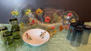 Pilkington Chance Glass Platter, Plate, Footed Dish with Poppies Vintage Smoked Green and Blue Glasses
