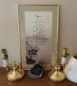 Two Swing Arm Brass Desk Lamps with Shades and Framed Art
